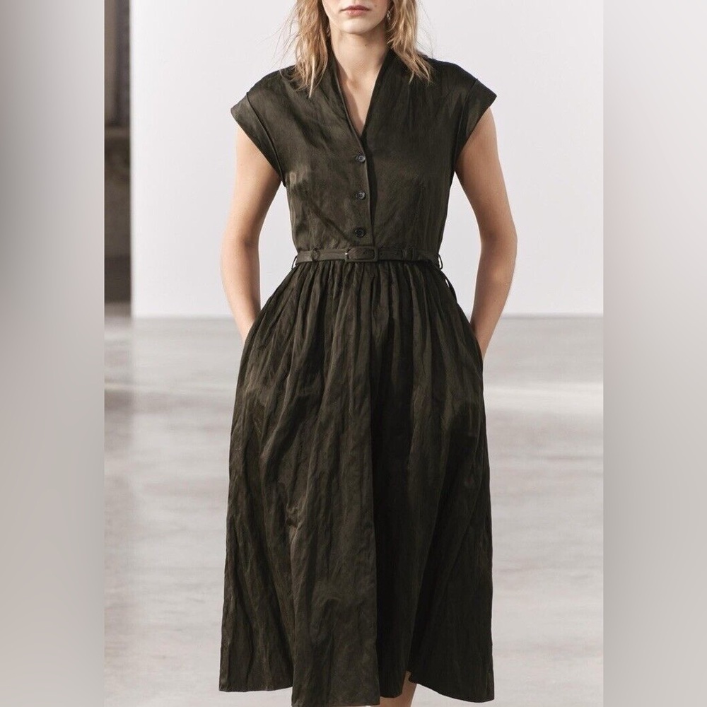 Zara ZW Collection Olive Green Belted Midi Shirt Dress